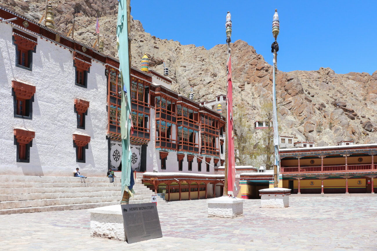 Hemis Monastery with colorful prayer flags